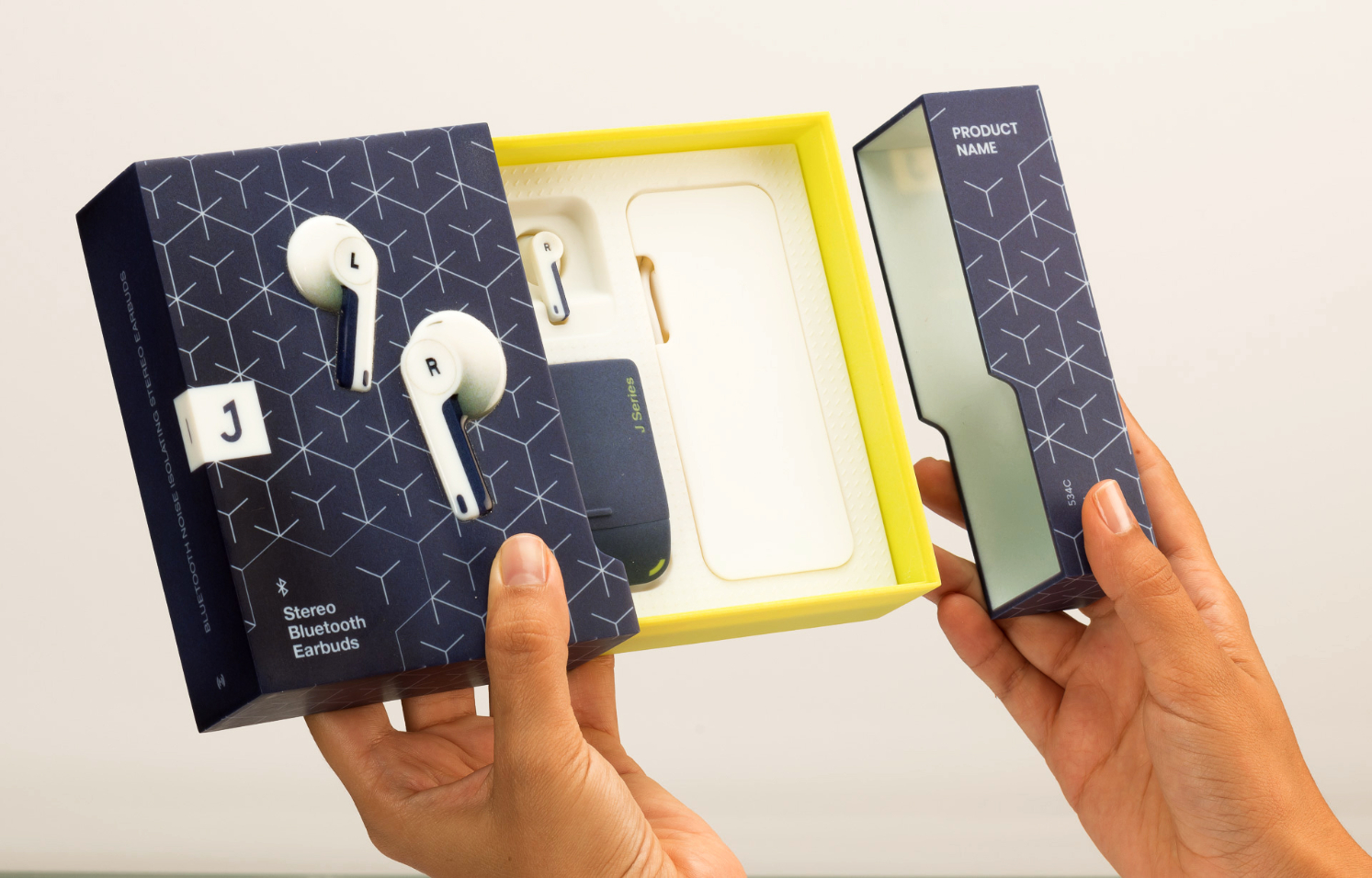 Yellow ear bud packaging